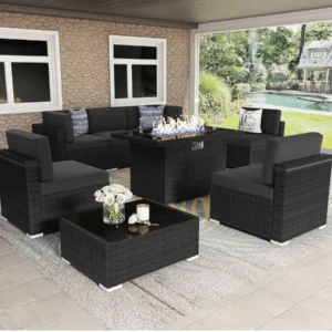 Outdoor Sectional Wicker Set with Fire Pit