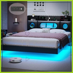 Queen Floating Bed Frame with Storage Headboard