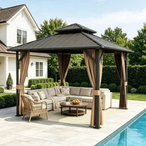 12x12 Hardtop Gazebo Aluminum Double Roof Galvanized Steel Canopy with Netting & Curtains for Garden Patio Backyard Deck, Custom
