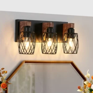3-Light Bathroom Vanity Light with Metal Cage Shade