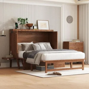 Full Size Walnut Murphy Bed with USB Ports and Removable Side Shelves