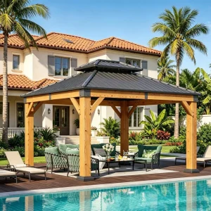 10x12FT Cedar Wood Hardtop Gazebo