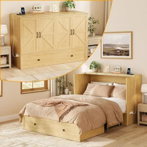 Farmhouse Queen Size Murphy Bed with Charging Station, Natural Finish