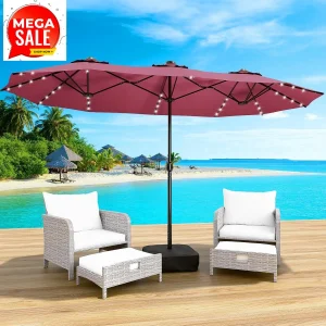 15FT Large Patio Umbrella with Base & Solar LED Lights