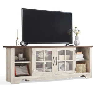 armhouse TV Stand or 65 Inch TV, Wood Entertainment Center with Glass Door Storage Cabinet & Adjustable Shelves, Large Sturdy TV