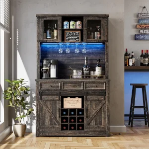 72 Inch Coffee Bar Cabinet With LED Lights And Power Outlets