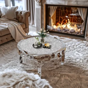 31.5'' Modern Round Mirrored Coffee Table with Crystal Inlay