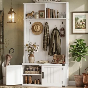 77-Inch Farmhouse Hall Tree With Bench & Storage