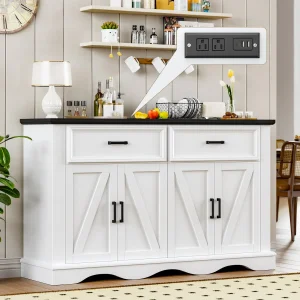 56" White Modern Farmhouse Sideboard Buffet Cabinet with Charging Station | 4 Doors 2 Drawers, Adjustable Shelves & Soft Close Hinges, Coffee Bar Cabinet for Kitchen Living Room Entryway, Easy Assembly