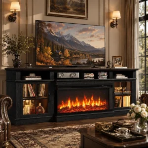 Aoxun 80" 3-Sided Glass Fireplace TV Stand, Modern Farmhouse Entertainment Center